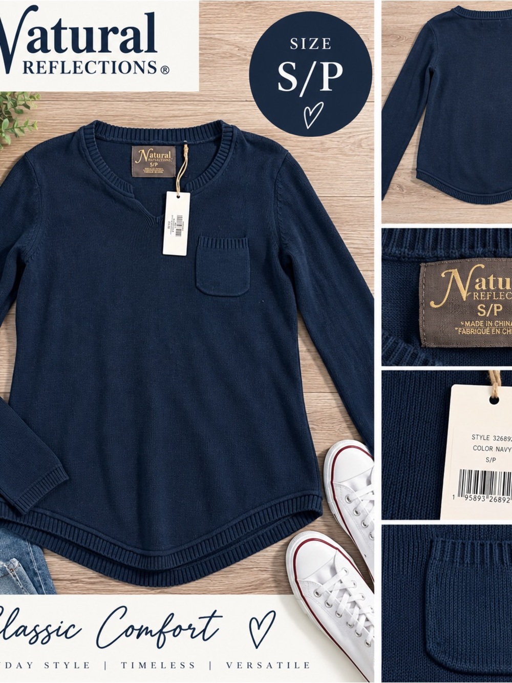 Natural Reflections Navy V‑Neck Long Sleeve Sweater with Chest Pocket